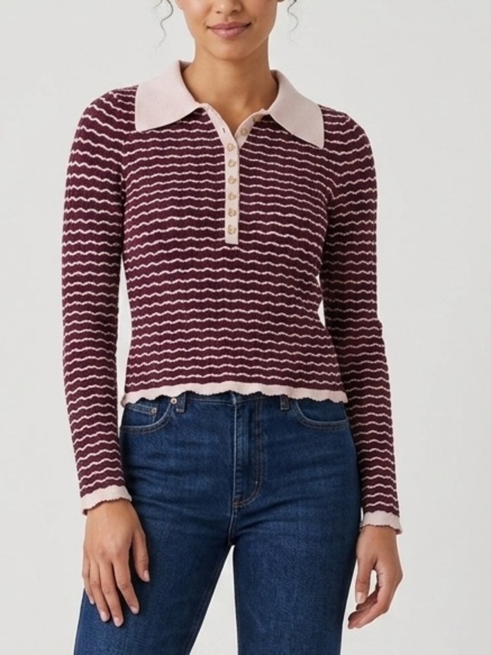 Heartloom Burgundy and Pink Striped Polo Knit Top